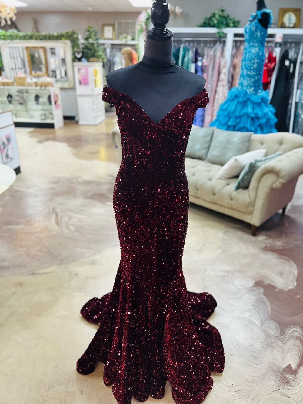 Ava Presley Off-Shoulder Burgundy Sequin Mermaid Prom Dress